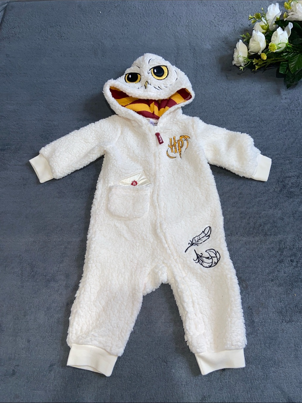 Herry Potter Cream Sherpa Hooded Kids Baby One-Piece Romper size 12M